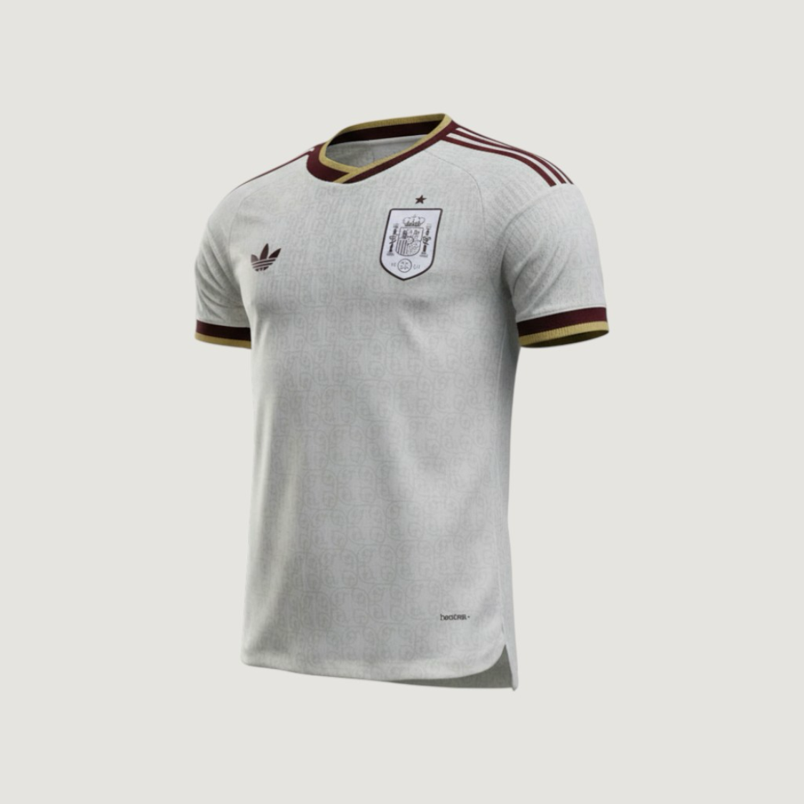 ESPAGNE – MAILLOT EXTÉRIEUR COUPE DU MONDE 2026 – ÉLÉGANCE CLAIRE, DÉTAILS BORDEAUX
